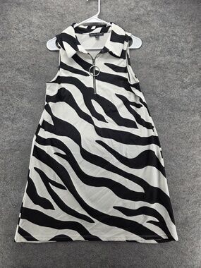 Boston Proper Dress Womens L Black Zebra Print A-Line Sleeveless Collared Zip